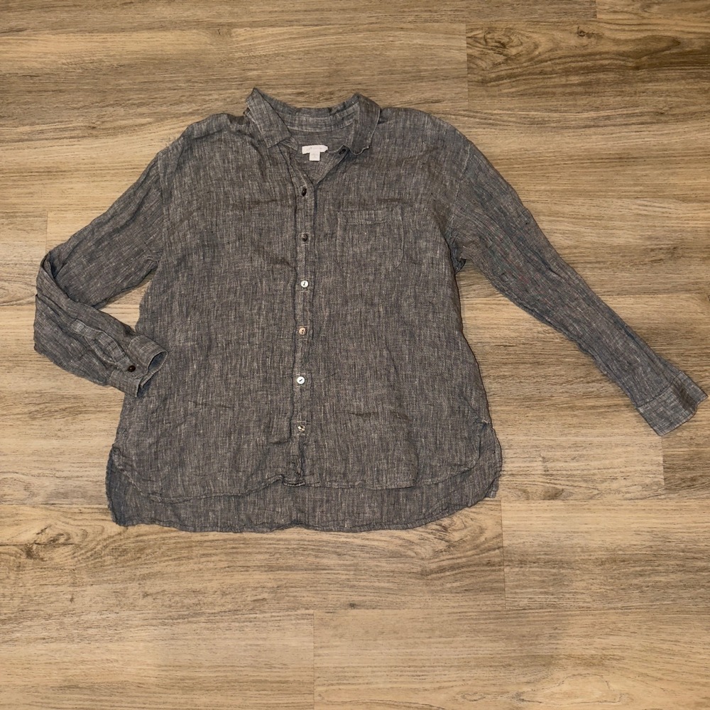 J. Jill Love Linen Button Down Shirt Gray 100% Linen Petite Medium PM Top